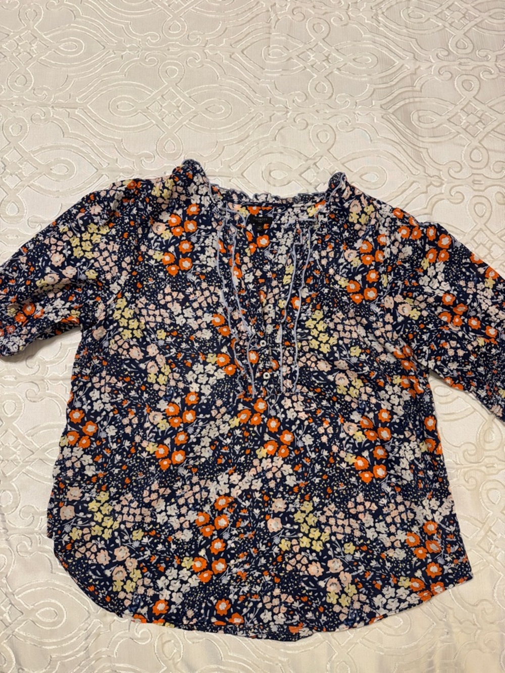 Talbots Navy Floral Blouse with Orange and Cream Blossoms